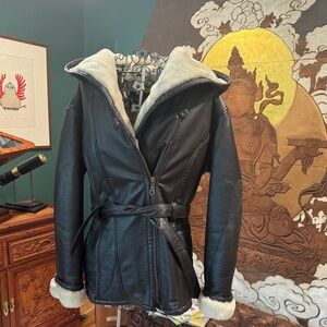 Wilson’s Dark Chocolate Brown Leather hooded belted faux fur lined coat